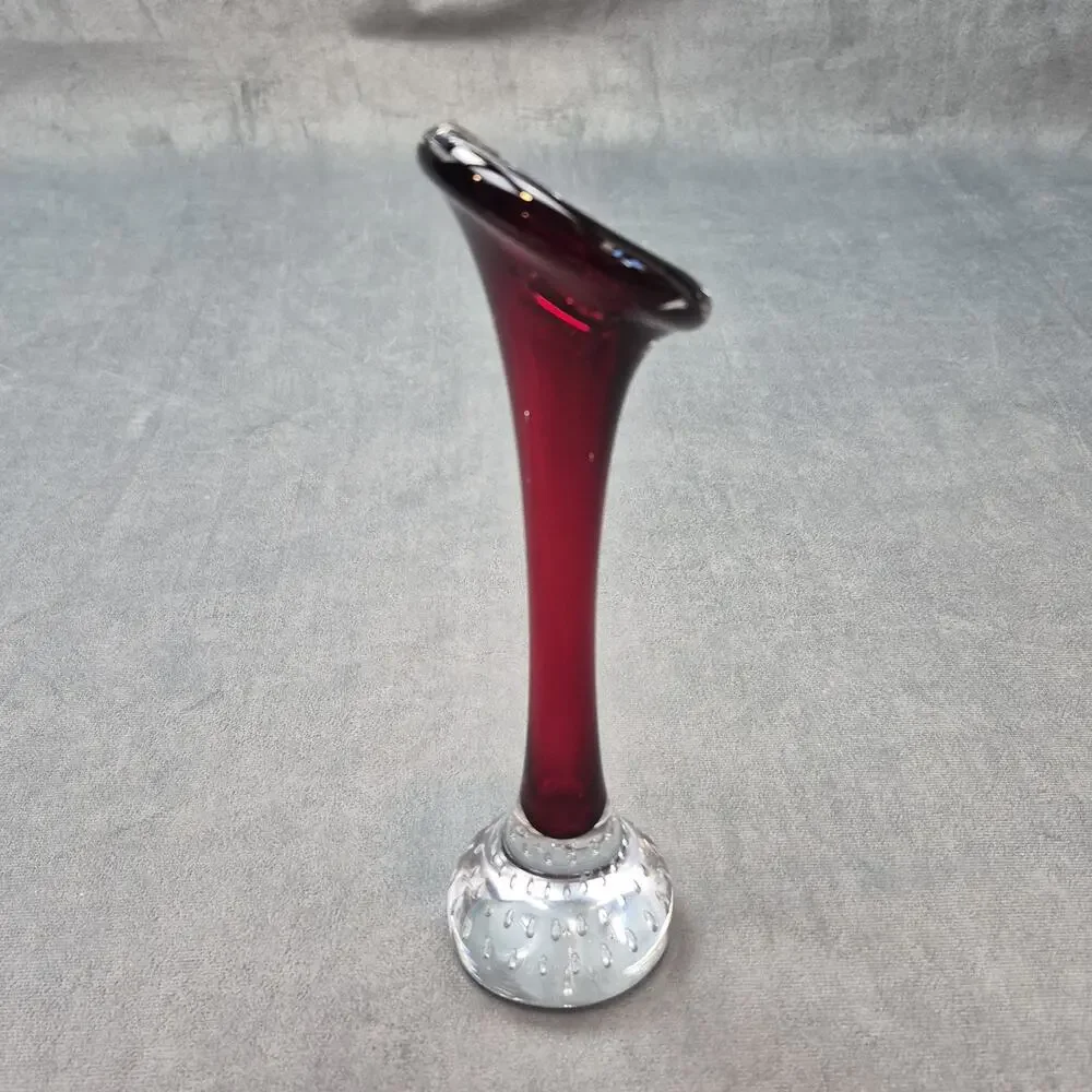 Vintage Aseda Sweden Jack In Pulpit Red Art Glass Bud Vase Controlled Bubbles